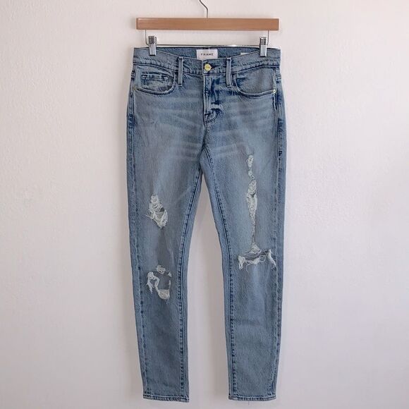 Frame Le Garçon Distressed Beldon Rips Cropped Straight Leg Jeans Sz 24 - Picture 2 of 11